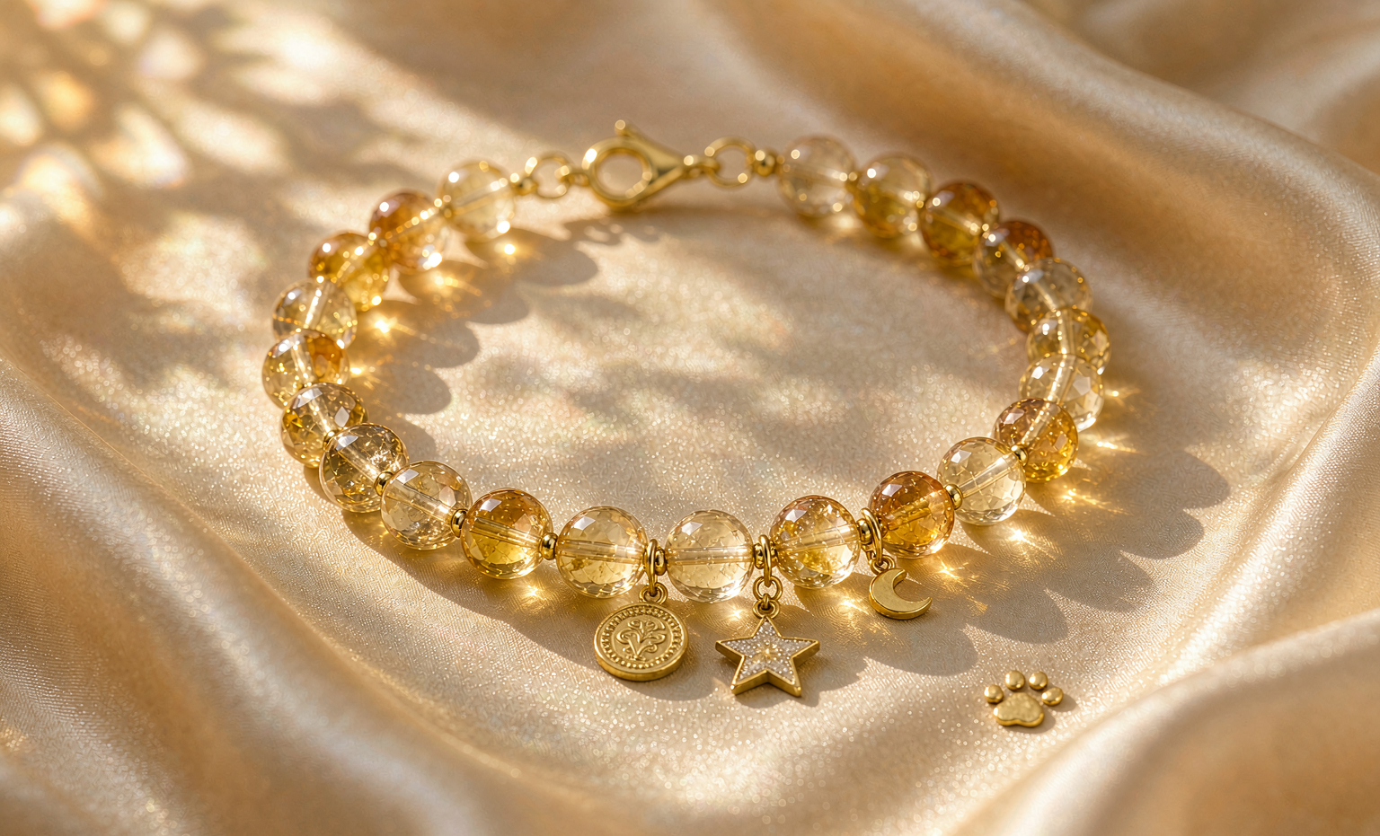 Citrine collar with gold charms in warm sunlight