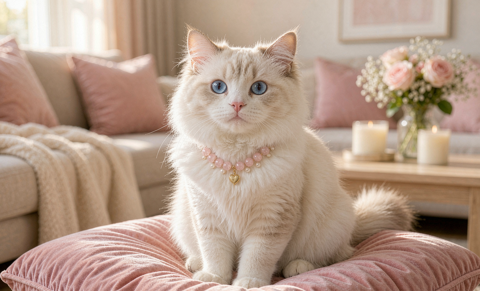 Ragdoll cat wearing a rose quartz collar with heart pendant