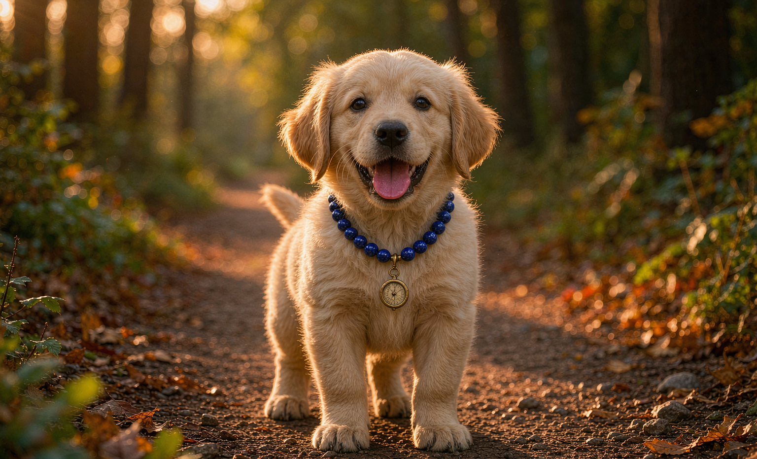 Golden retriever puppy wearing a lapis bead collar with compass charm