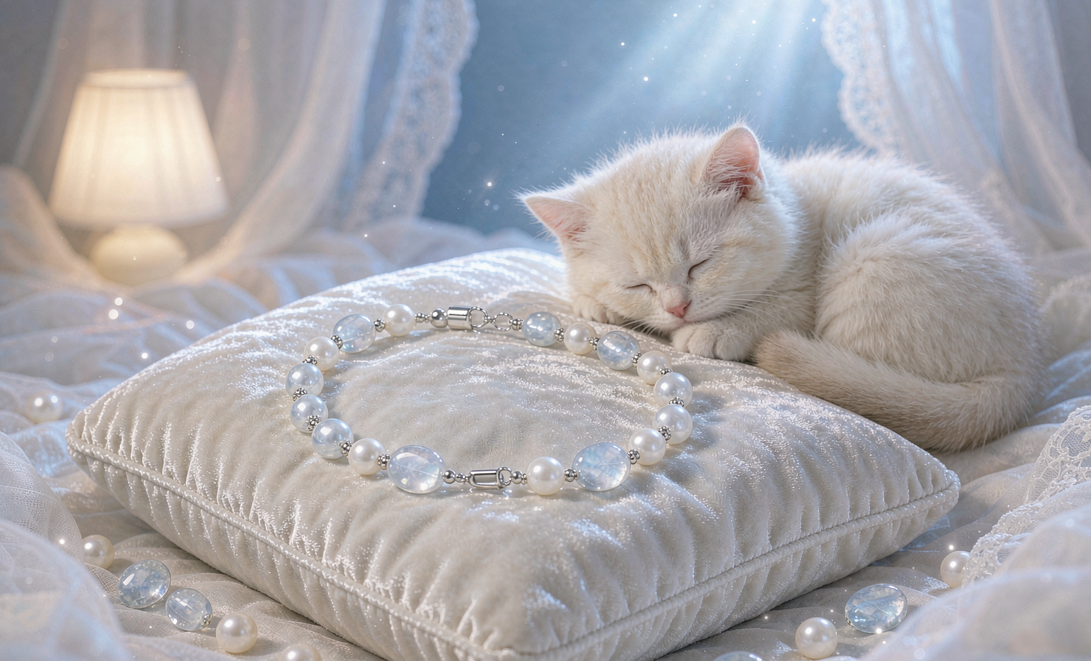 Moonstone and pearl bracelet beside a sleeping kitten